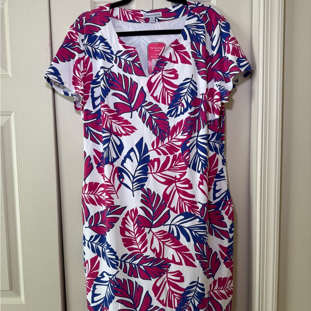Tropical Leaf Print Midi Dress in Pink and Blue